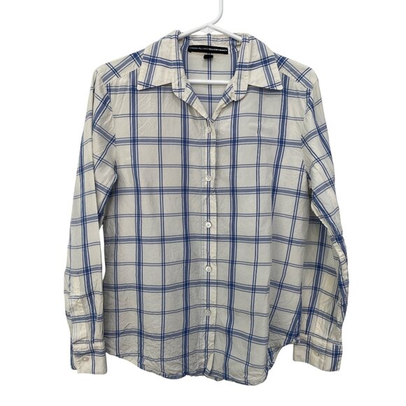Linda Allard Ellen Tracy Plaid Button Front Shirt Size 2 Silk White Blue Preppy - Picture 1 of 6